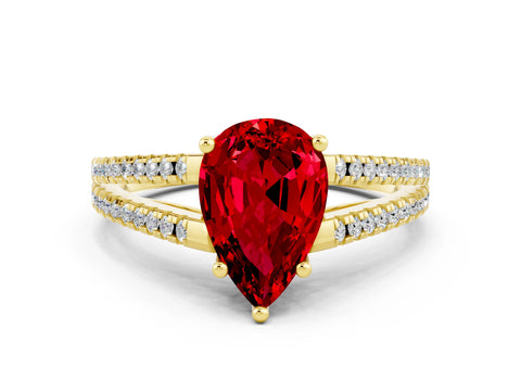 Yellow gold Pear Cut Ruby Solitaire Engagement Ring with Split Shank Pavé Band