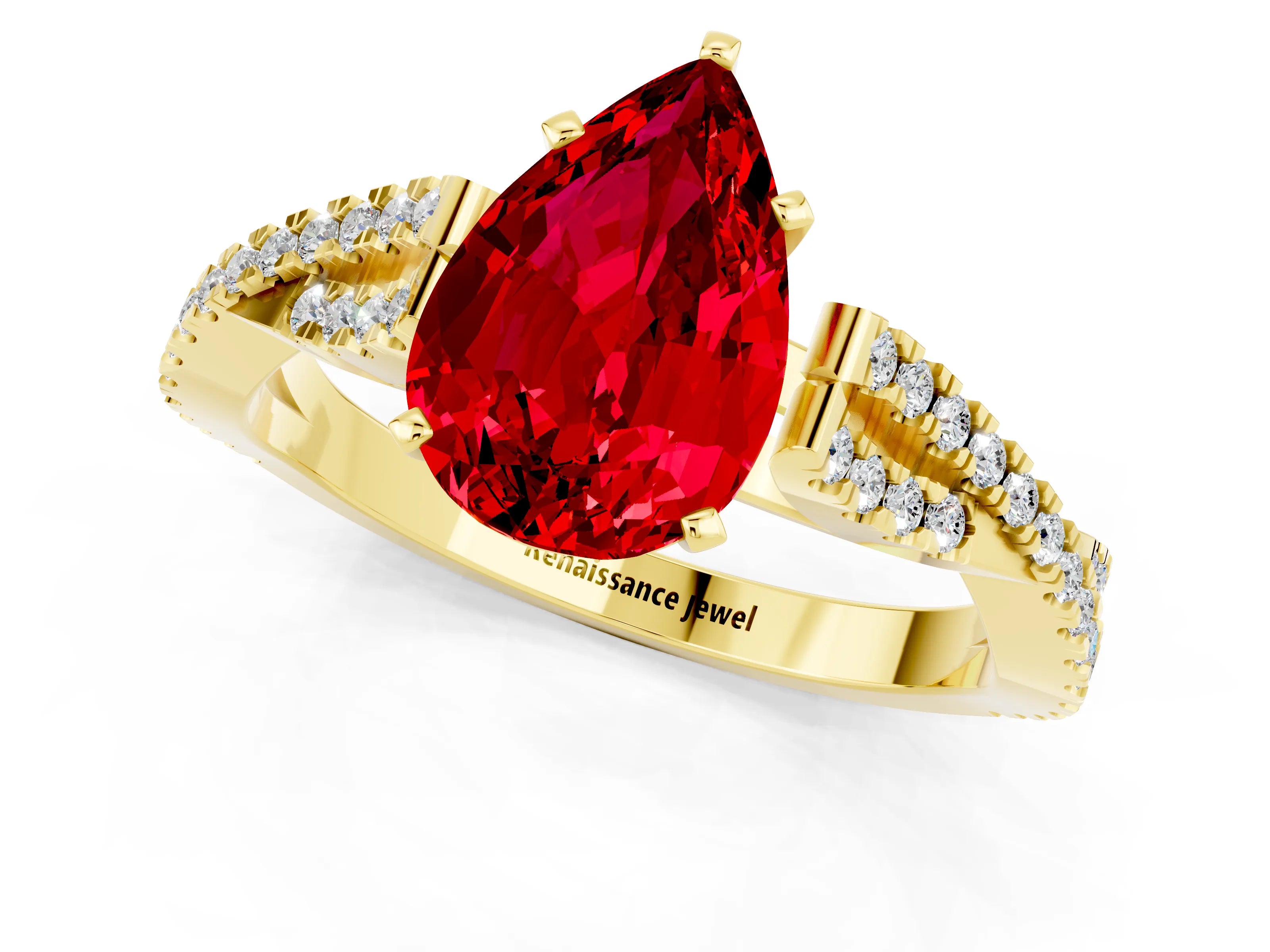 Yellow gold Pear Cut Ruby Solitaire Engagement Ring with Twisted Pavé Band and Four-Prong Setting_1