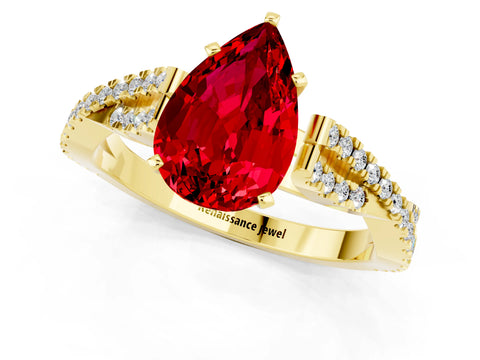 Yellow gold Pear Cut Ruby Solitaire Engagement Ring with Twisted Pavé Band and Four-Prong Setting_1