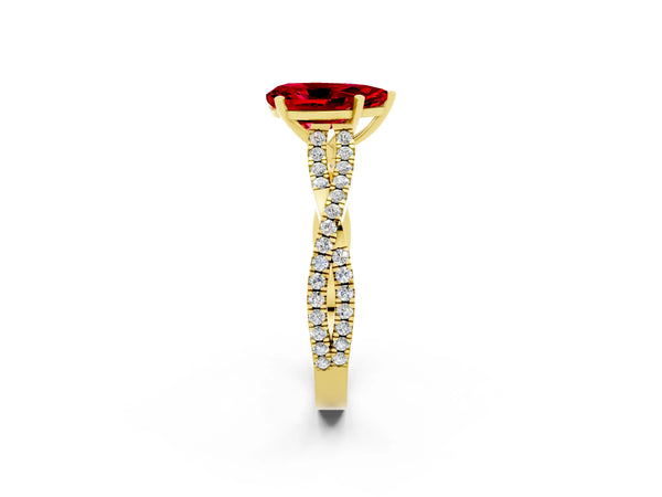 Yellow gold Pear Cut Ruby Solitaire Engagement Ring with Twisted Pavé Band and Four-Prong Setting