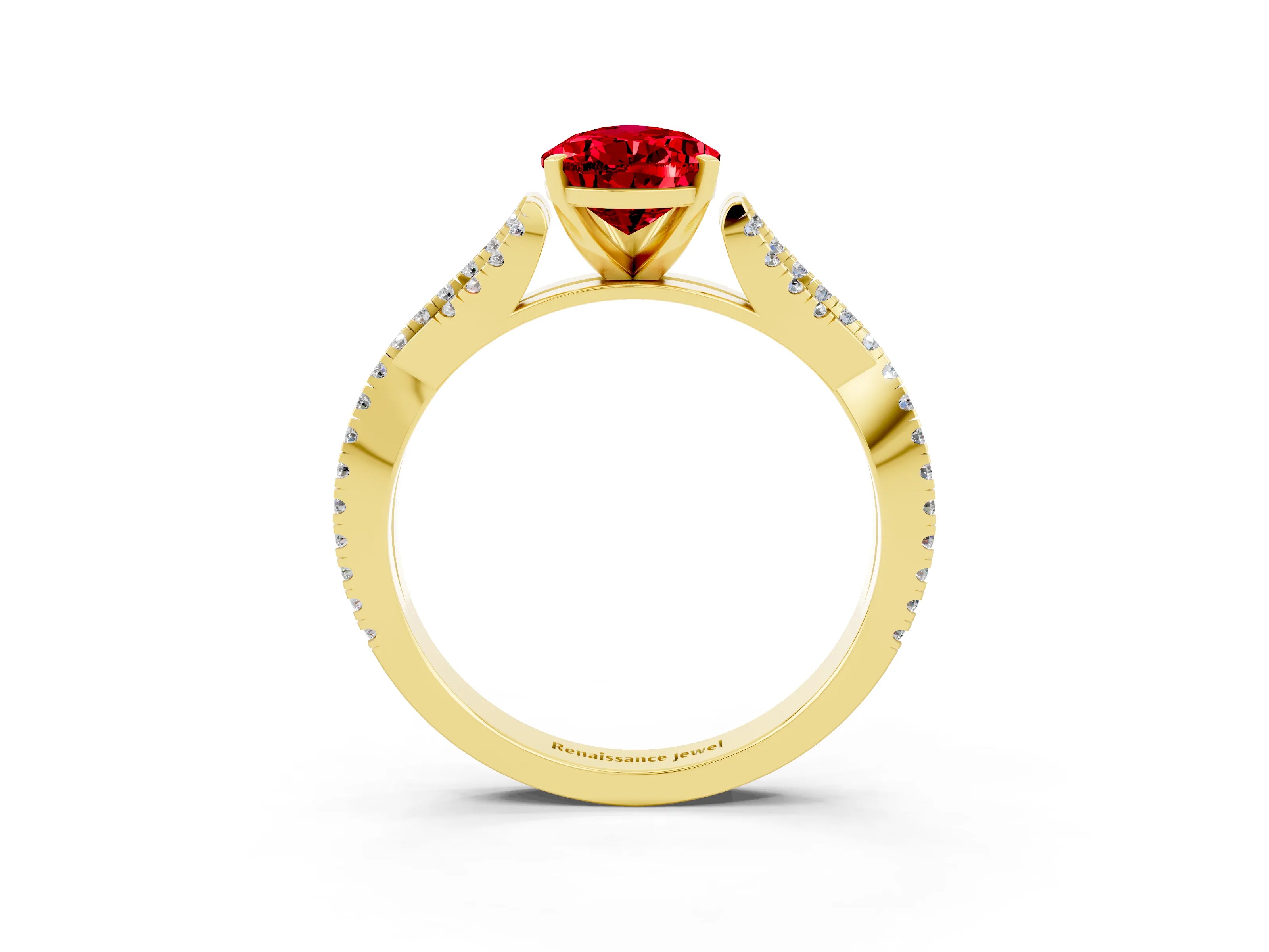 Yellow gold Pear Cut Ruby Solitaire Engagement Ring with Twisted Pavé Band and Four-Prong Setting_3