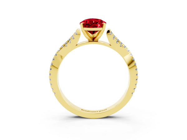 Yellow gold Pear Cut Ruby Solitaire Engagement Ring with Twisted Pavé Band and Four-Prong Setting
