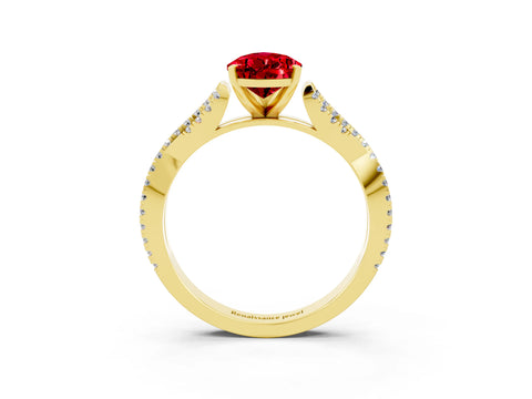 Yellow gold Pear Cut Ruby Solitaire Engagement Ring with Twisted Pavé Band and Four-Prong Setting_3