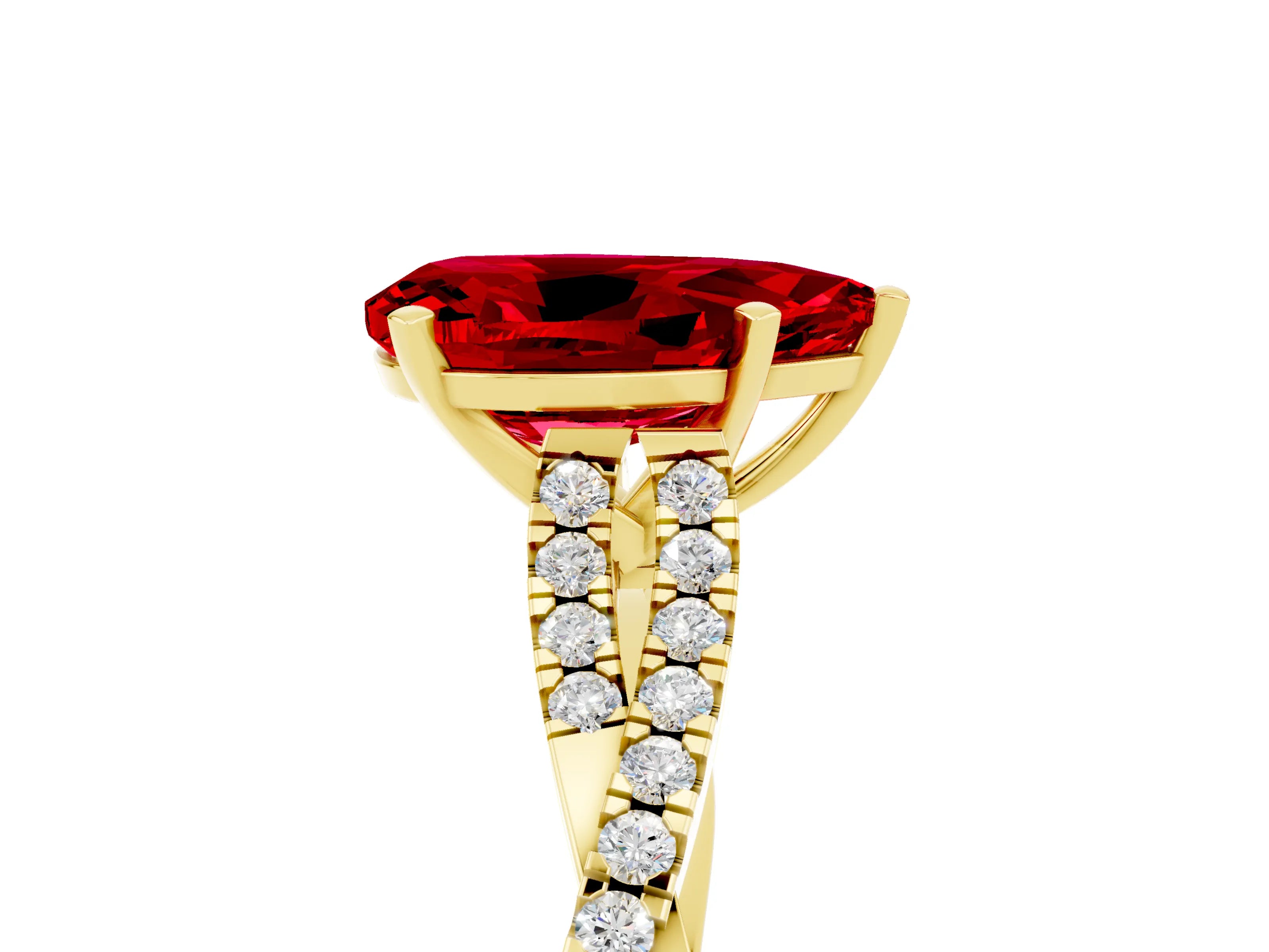 Yellow gold Pear Cut Ruby Solitaire Engagement Ring with Twisted Pavé Band and Four-Prong Setting_5