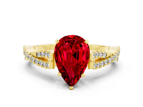 Yellow gold Pear Cut Ruby Solitaire Engagement Ring with Twisted Pavé Band and Four-Prong Setting