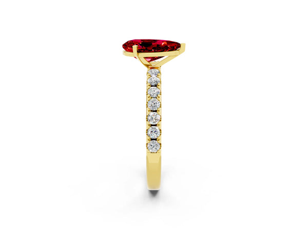 Yellow gold Pear Cut Ruby Solitaire Pavé Band with Four-Prong Setting