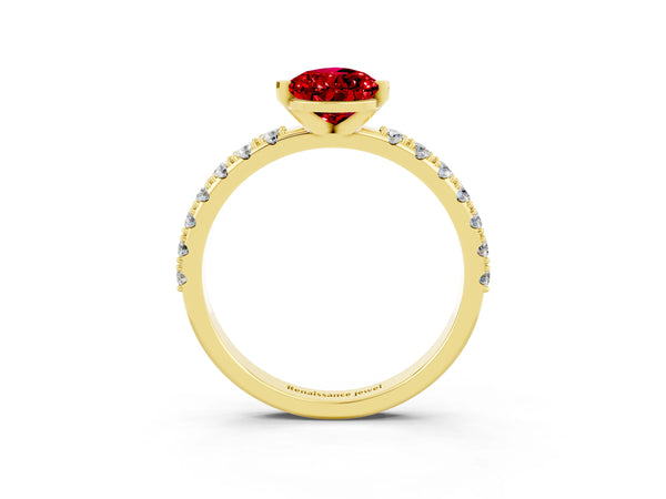 Yellow gold Pear Cut Ruby Solitaire Pavé Band with Four-Prong Setting