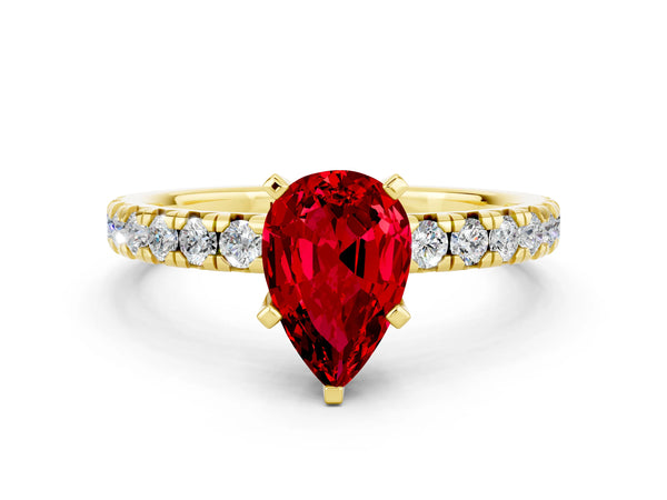 Yellow gold Pear Cut Ruby Solitaire Pavé Engagement Ring with Round Band and Prong Setting