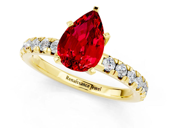 Yellow gold Pear Cut Ruby Solitaire Pavé Engagement Ring with Round Band and Prong Setting