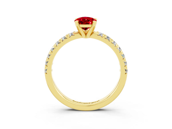 Yellow gold Pear Cut Ruby Solitaire Pavé Engagement Ring with Round Band and Prong Setting