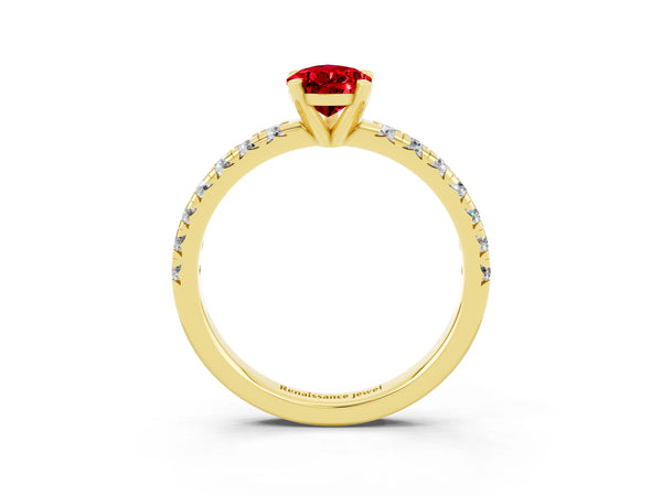 Yellow Gold Pear-Shaped Lab-Grown Ruby Solitaire Engagement Ring with Large Round Accent Band