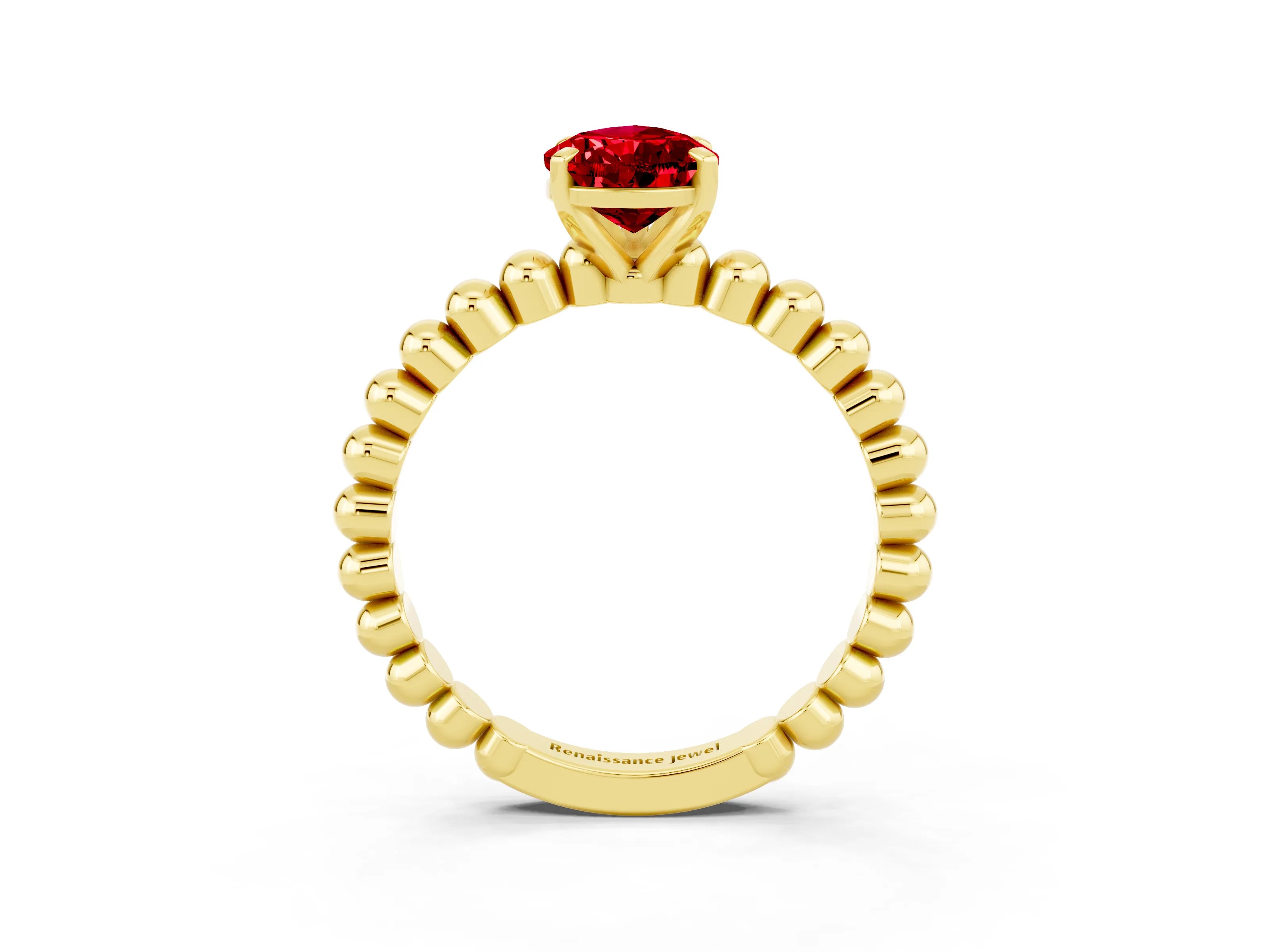 Yellow gold Pear Cut Ruby Solitaire Ring with Beaded Band and Prong Setting_3
