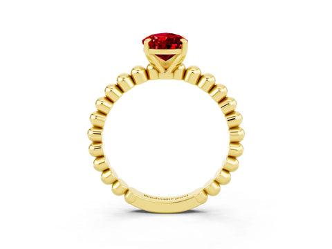 Yellow gold Pear Cut Ruby Solitaire Ring with Beaded Band and Prong Setting_3