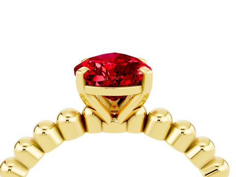 Yellow gold Pear Cut Ruby Solitaire Ring with Beaded Band and Prong Setting_4