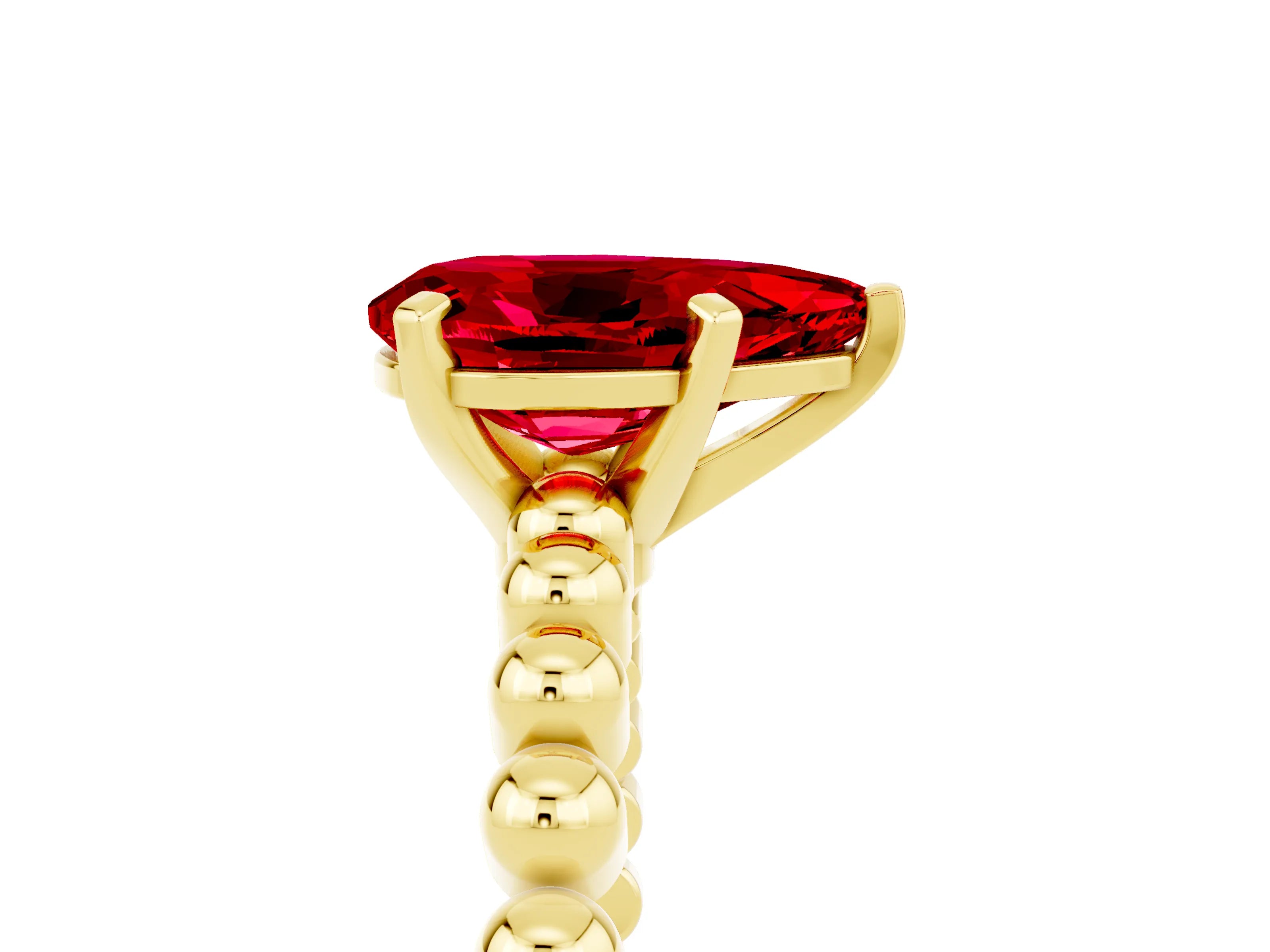 Yellow gold Pear Cut Ruby Solitaire Ring with Beaded Band and Prong Setting_5
