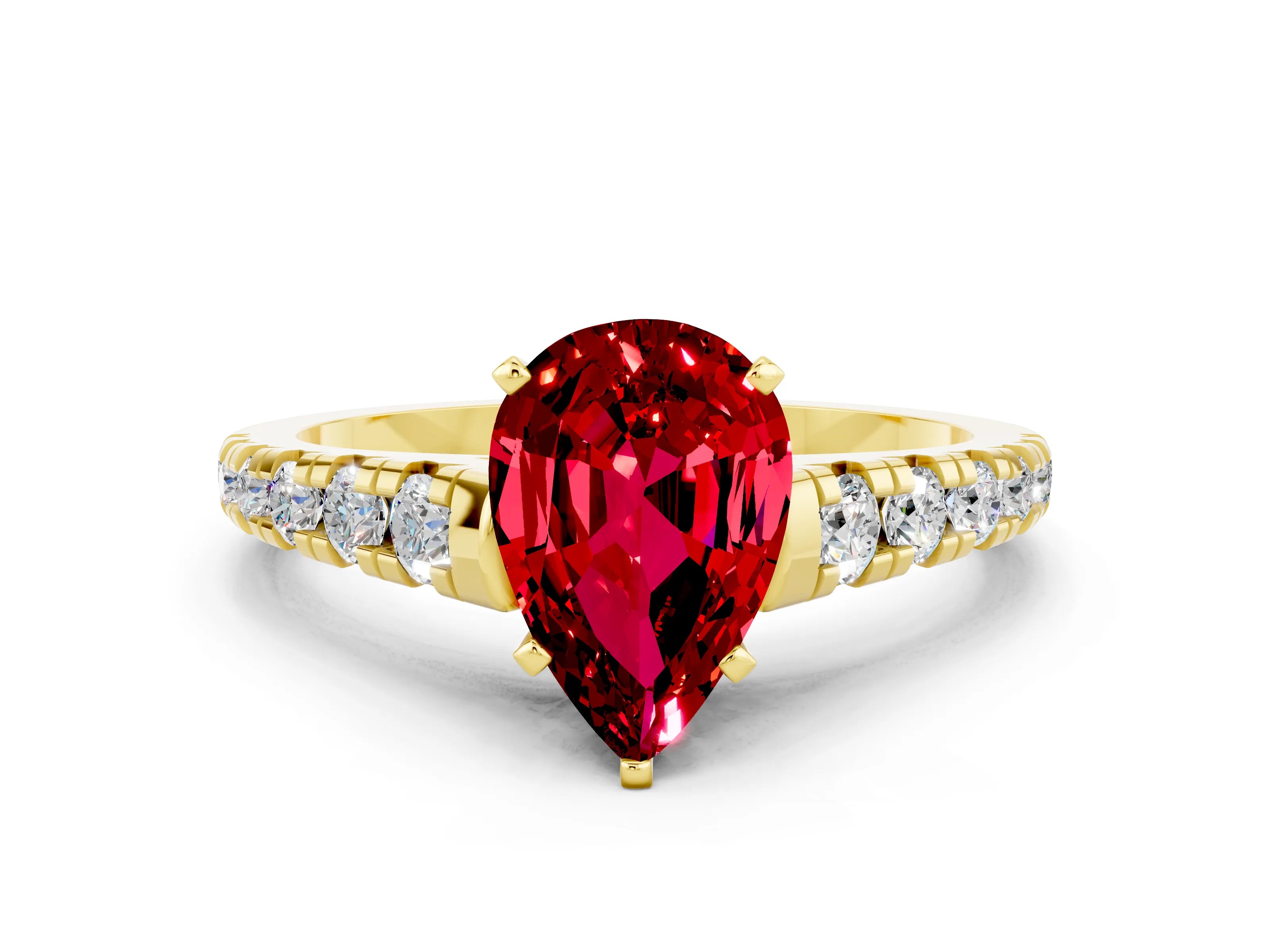 Yellow gold Pear Cut Ruby Solitaire Ring with Cathedral Setting and Pavé Band