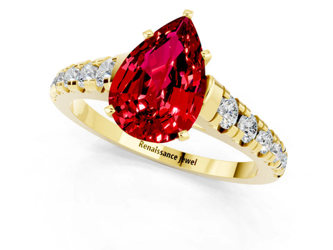 Yellow gold Pear Cut Ruby Solitaire Ring with Cathedral Setting and Pavé Band_1