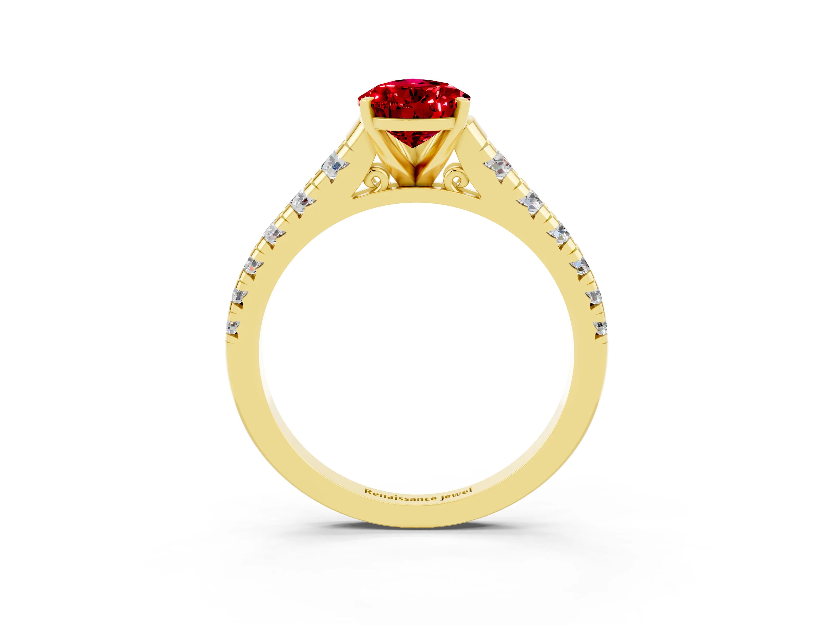 Yellow gold Pear Cut Ruby Solitaire Ring with Cathedral Setting and Pavé Band_3
