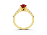 Yellow gold Pear Cut Ruby Solitaire Ring with Cathedral Setting and Pavé Band_3