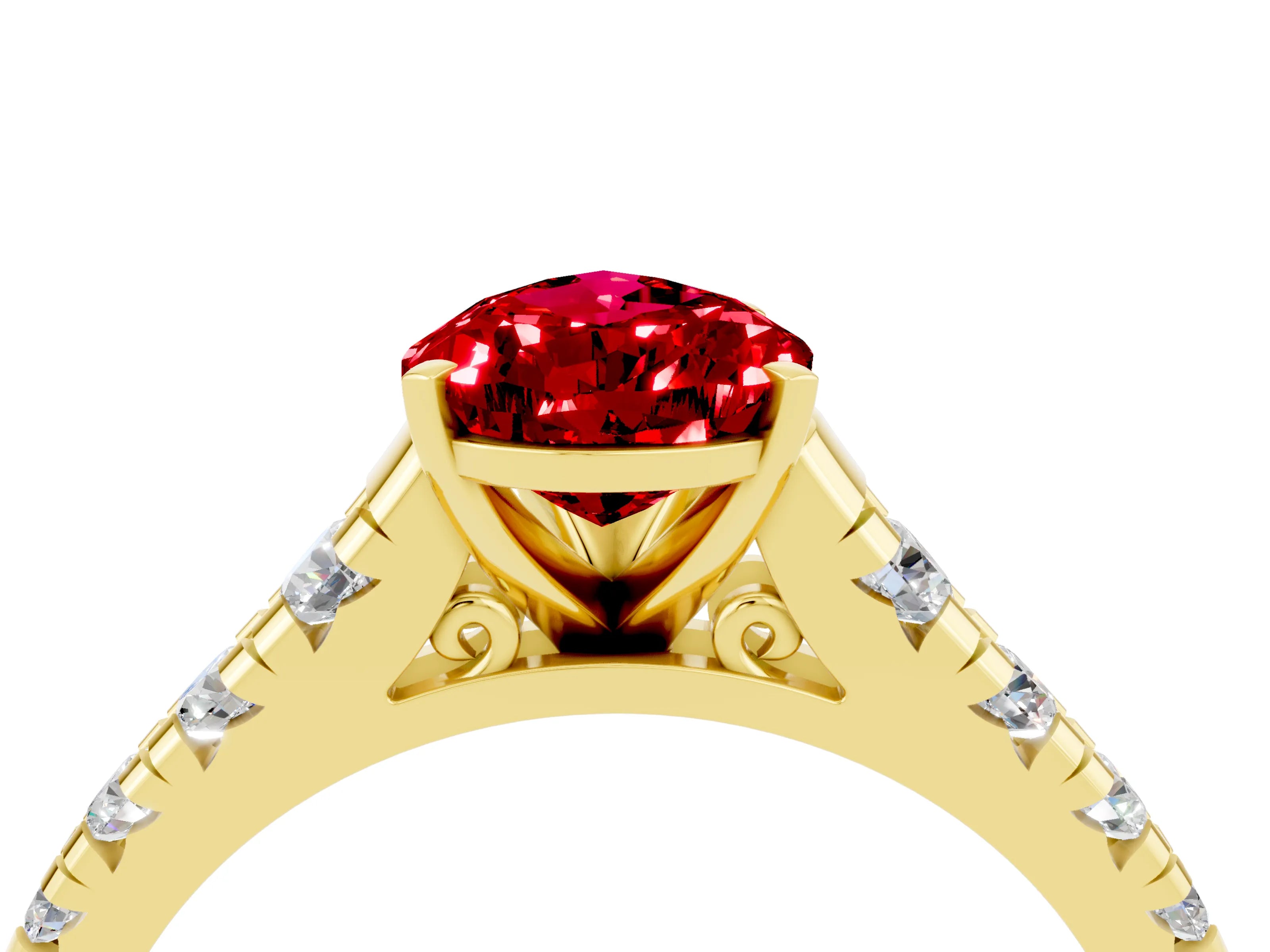 Yellow gold Pear Cut Ruby Solitaire Ring with Cathedral Setting and Pavé Band_4