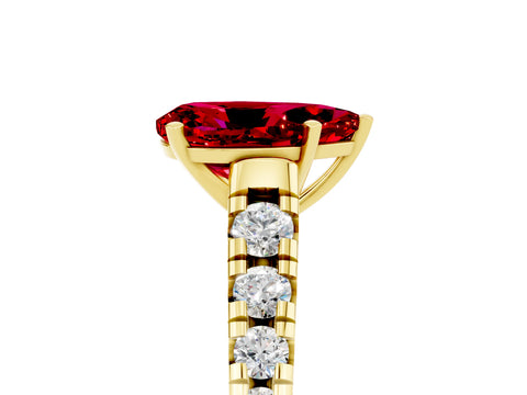 Yellow gold Pear Cut Ruby Solitaire Ring with Cathedral Setting and Pavé Band_5