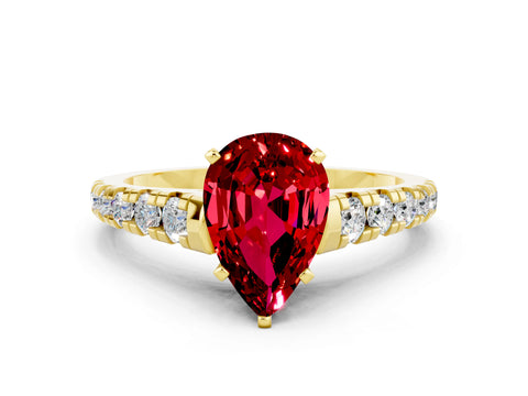 Yellow gold Pear Cut Ruby Solitaire Ring with Cathedral Setting and Pavé Band