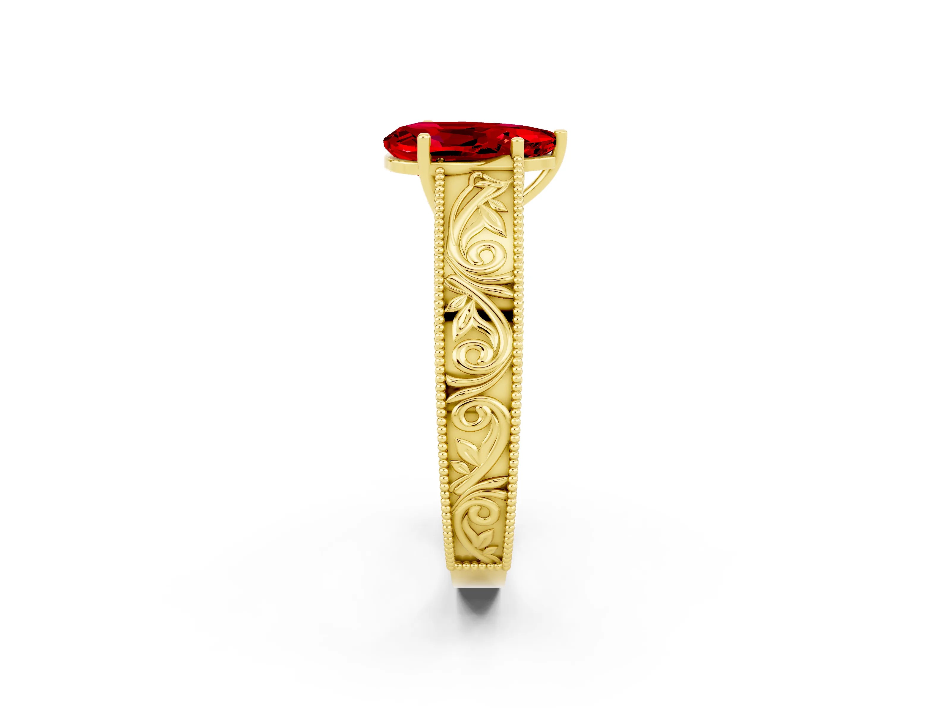 Yellow gold Pear Cut Ruby Solitaire Ring with Engraved Band and Four-Prong Setting_2