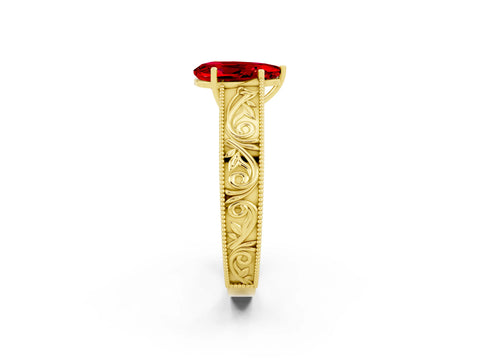 Yellow gold Pear Cut Ruby Solitaire Ring with Engraved Band and Four-Prong Setting_2