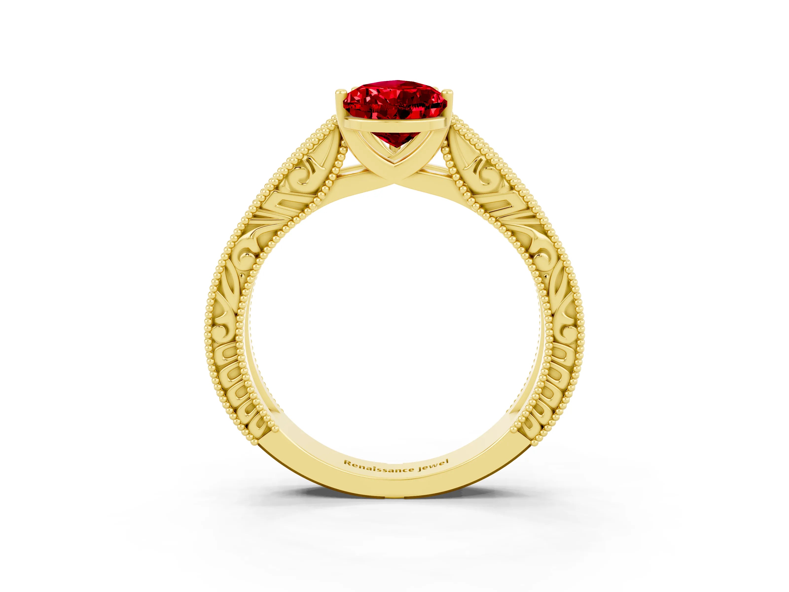Yellow gold Pear Cut Ruby Solitaire Ring with Engraved Band and Four-Prong Setting_3