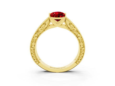 Yellow gold Pear Cut Ruby Solitaire Ring with Engraved Band and Four-Prong Setting_3