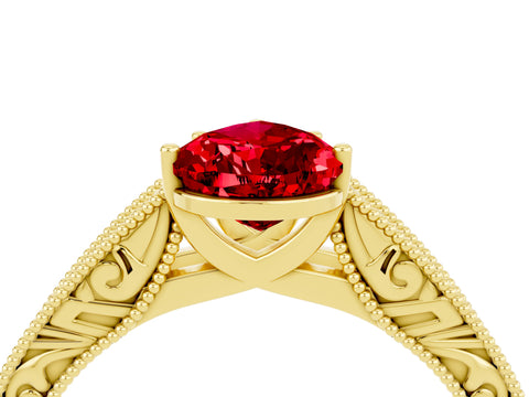 Yellow gold Pear Cut Ruby Solitaire Ring with Engraved Band and Four-Prong Setting_4