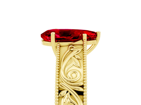 Yellow gold Pear Cut Ruby Solitaire Ring with Engraved Band and Four-Prong Setting_5