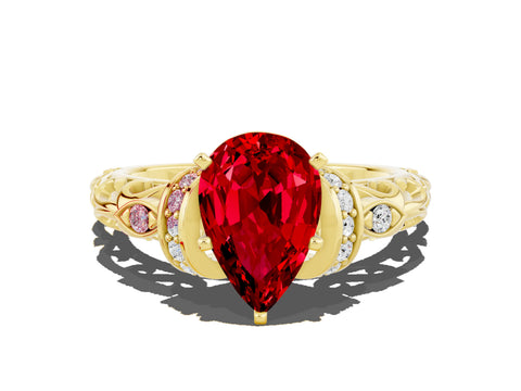 Yellow gold Pear Cut Ruby Solitaire Ring with Filigree Band and Four-Prong Setting_24