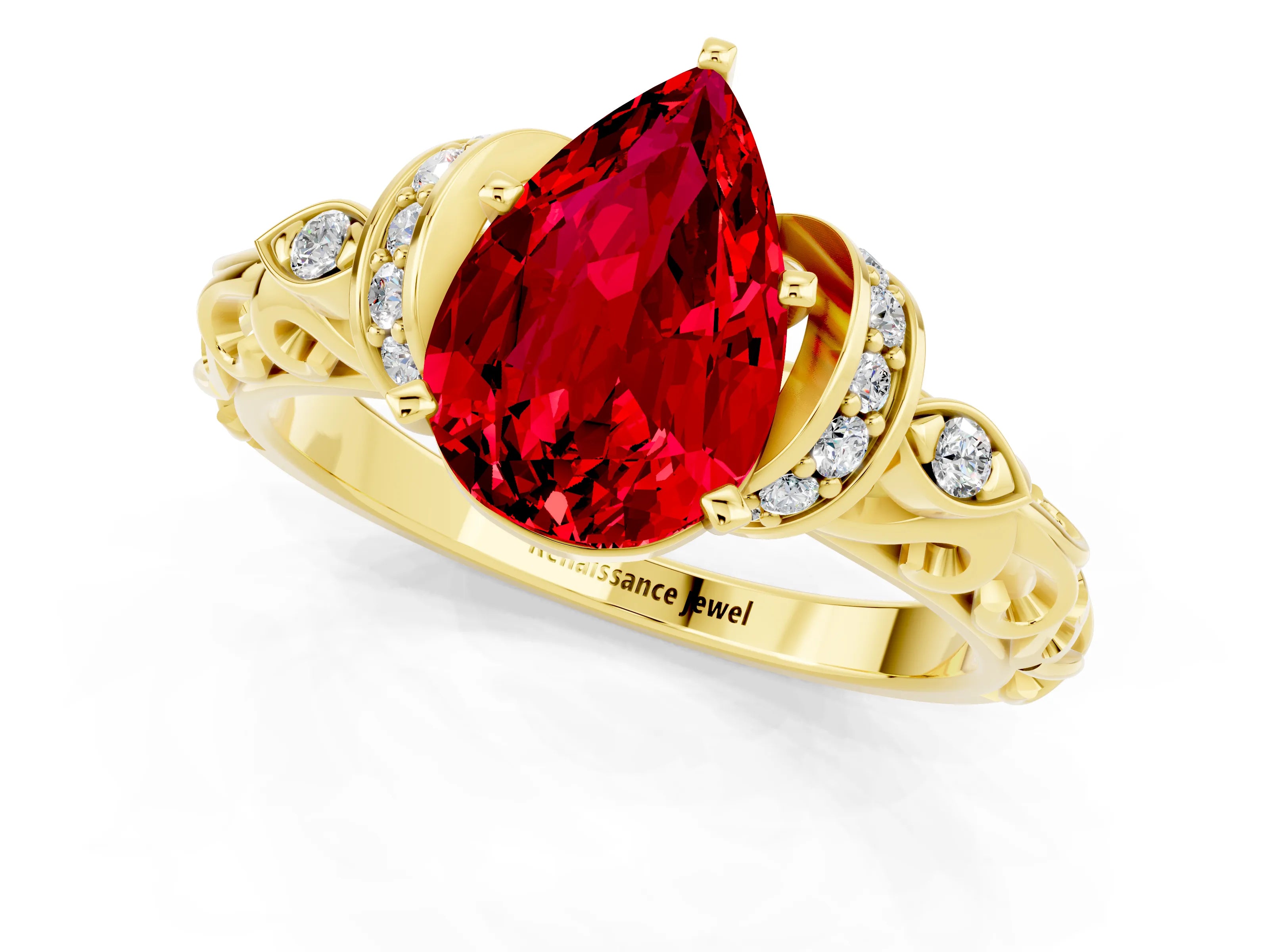 Yellow gold Pear Cut Ruby Solitaire Ring with Filigree Band and Four-Prong Setting_25