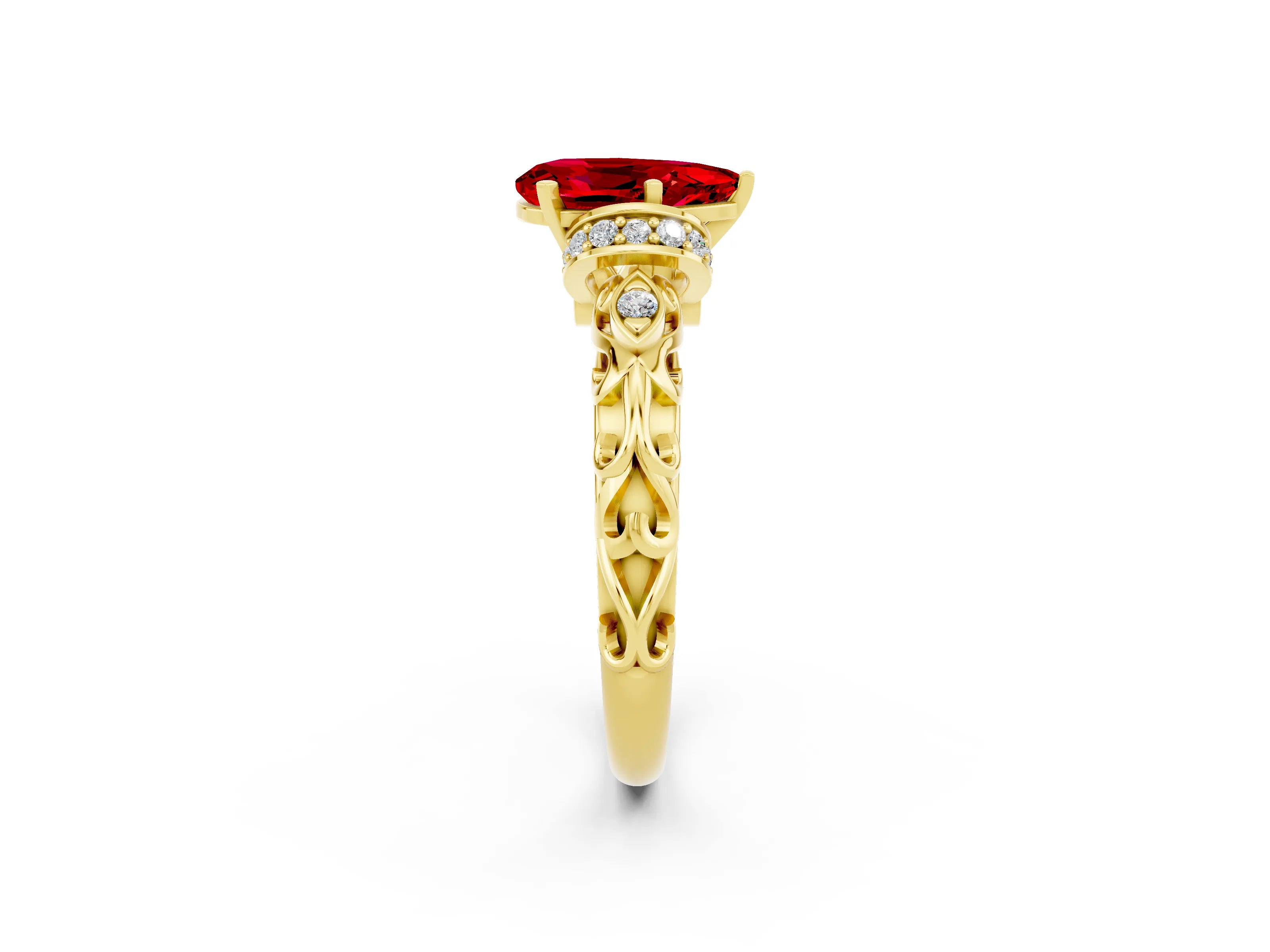 Yellow gold Pear Cut Ruby Solitaire Ring with Filigree Band and Four-Prong Setting_26