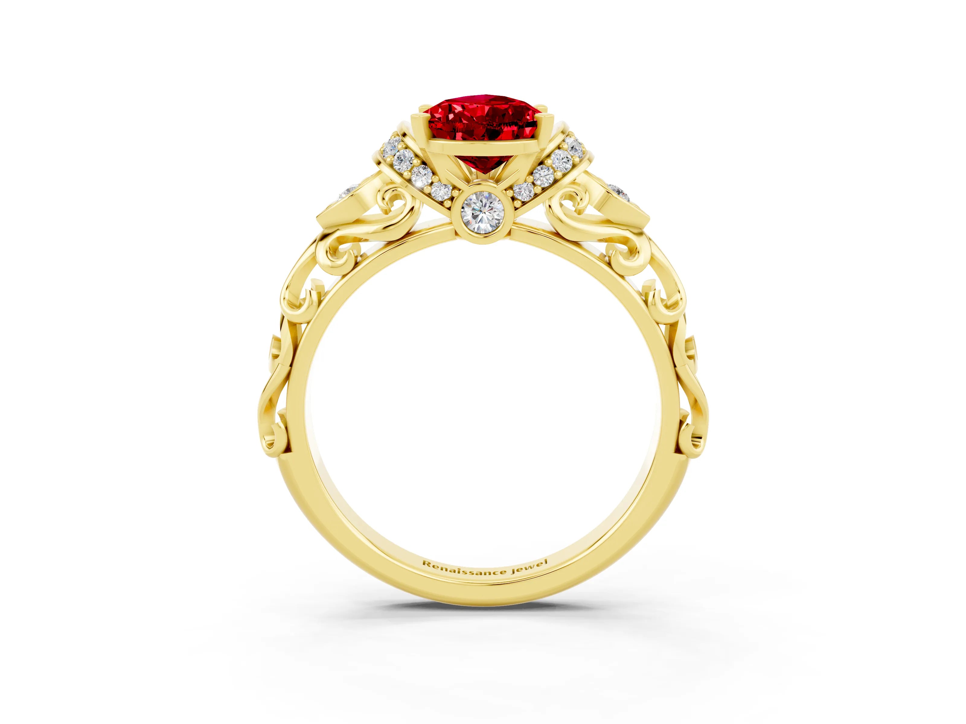 Yellow gold Pear Cut Ruby Solitaire Ring with Filigree Band and Four-Prong Setting_27
