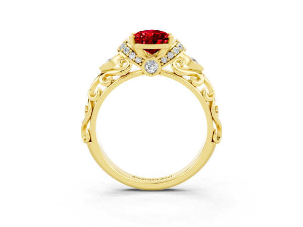 Yellow gold Pear Cut Ruby Solitaire Ring with Filigree Band and Four-Prong Setting