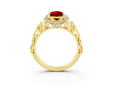 Yellow gold Pear Cut Ruby Solitaire Ring with Filigree Band and Four-Prong Setting_27