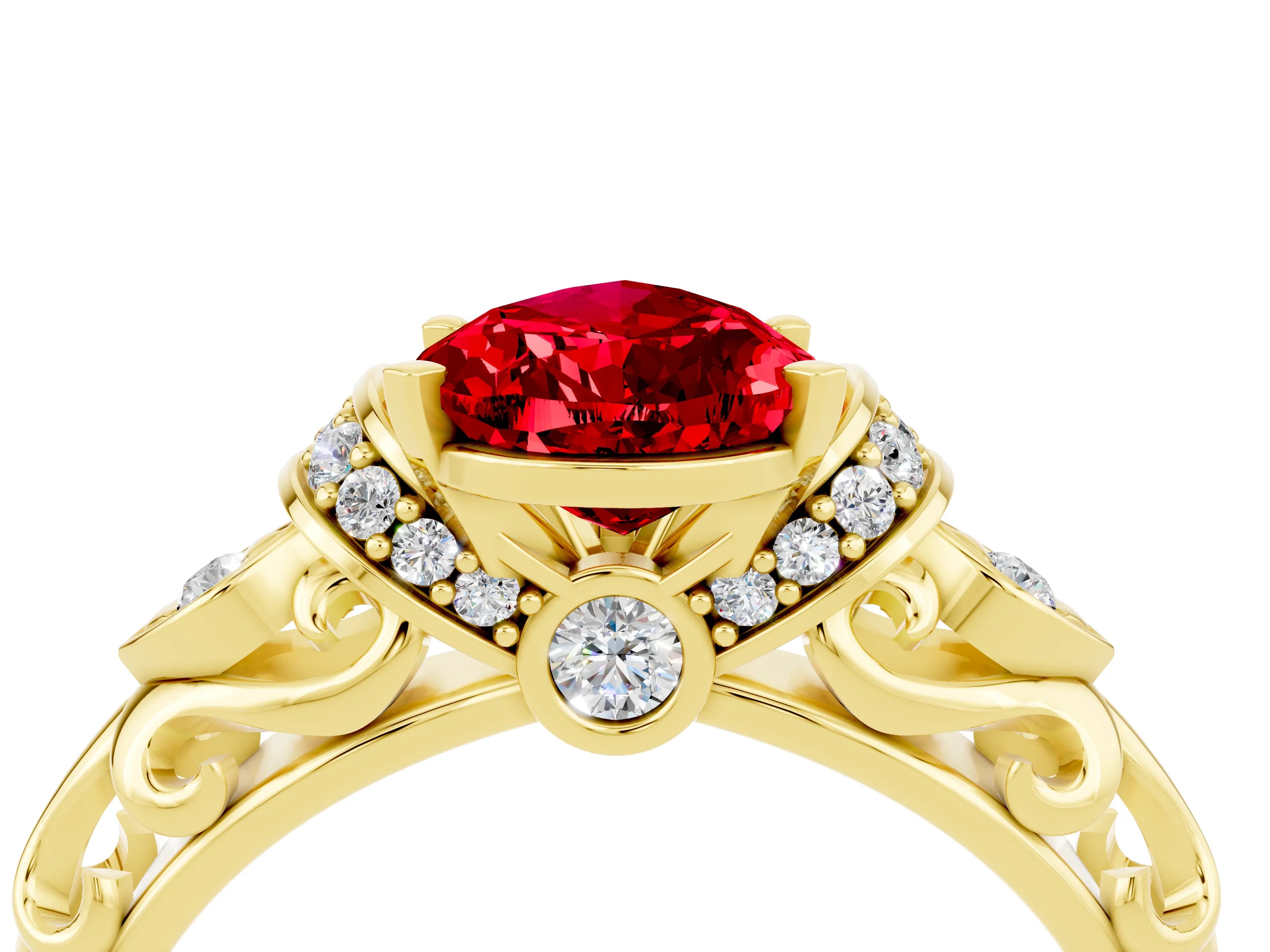 Yellow gold Pear Cut Ruby Solitaire Ring with Filigree Band and Four-Prong Setting_28