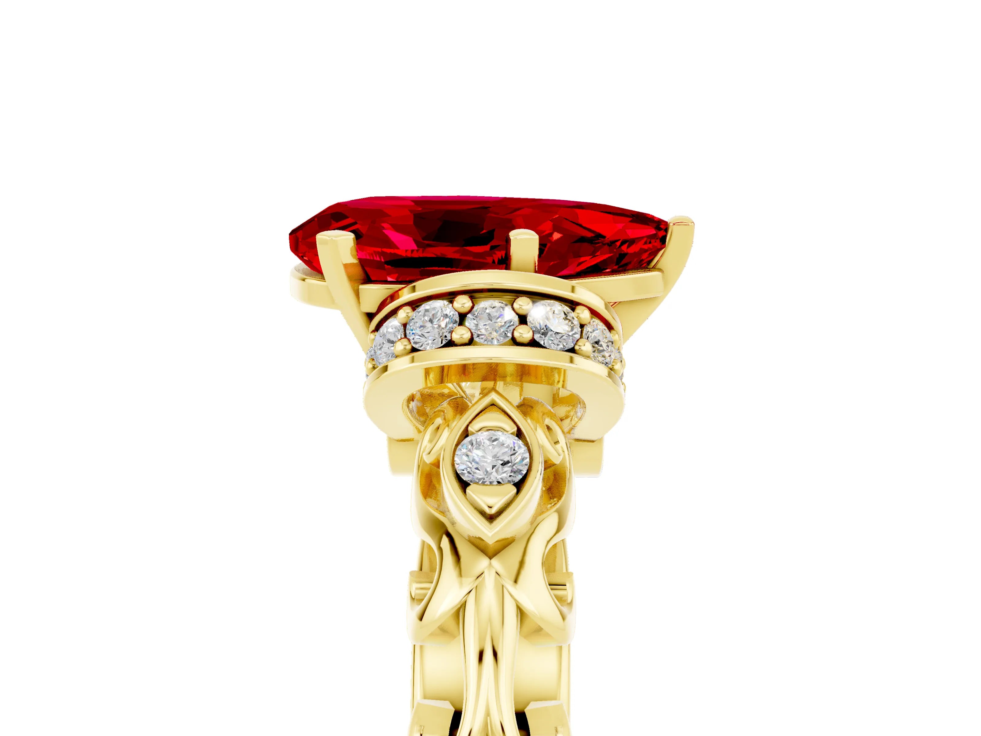 Yellow gold Pear Cut Ruby Solitaire Ring with Filigree Band and Four-Prong Setting_29