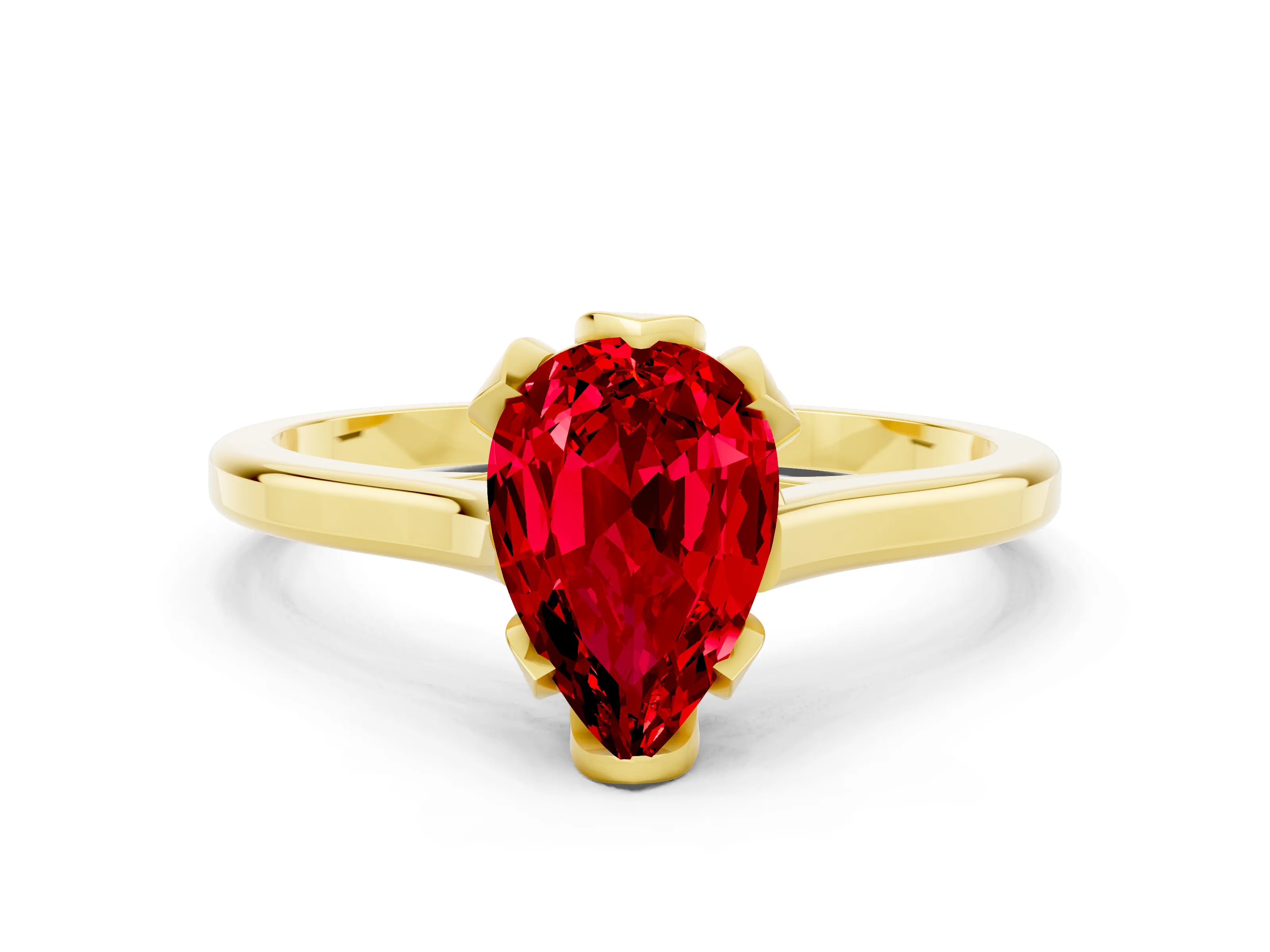 Yellow gold Pear Cut Ruby Solitaire Ring with Flower Prong Setting and Classic Band_12