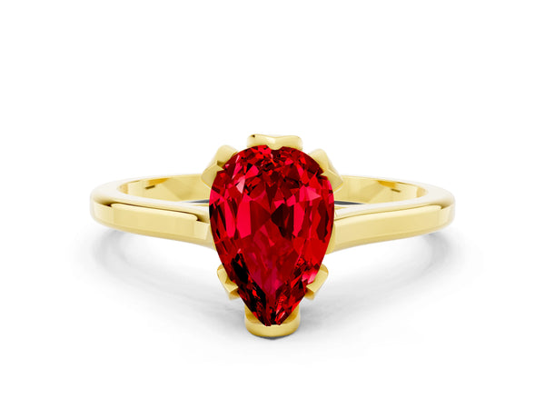 Yellow gold Pear Cut Ruby Solitaire Ring with Flower Prong Setting and Classic Band