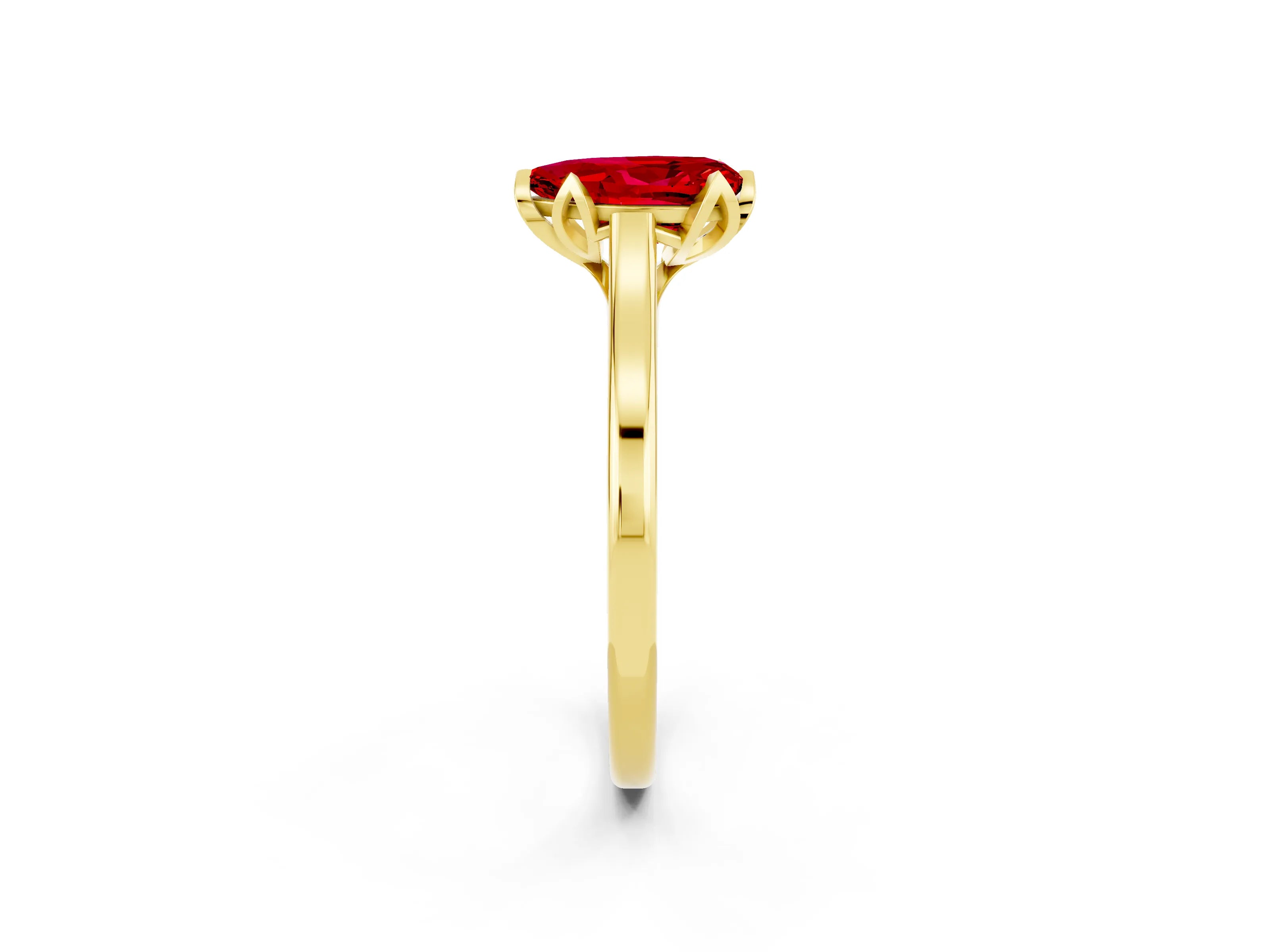 Yellow gold Pear Cut Ruby Solitaire Ring with Flower Prong Setting and Classic Band_14