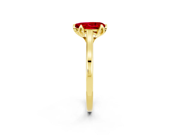 Yellow gold Pear Cut Ruby Solitaire Ring with Flower Prong Setting and Classic Band