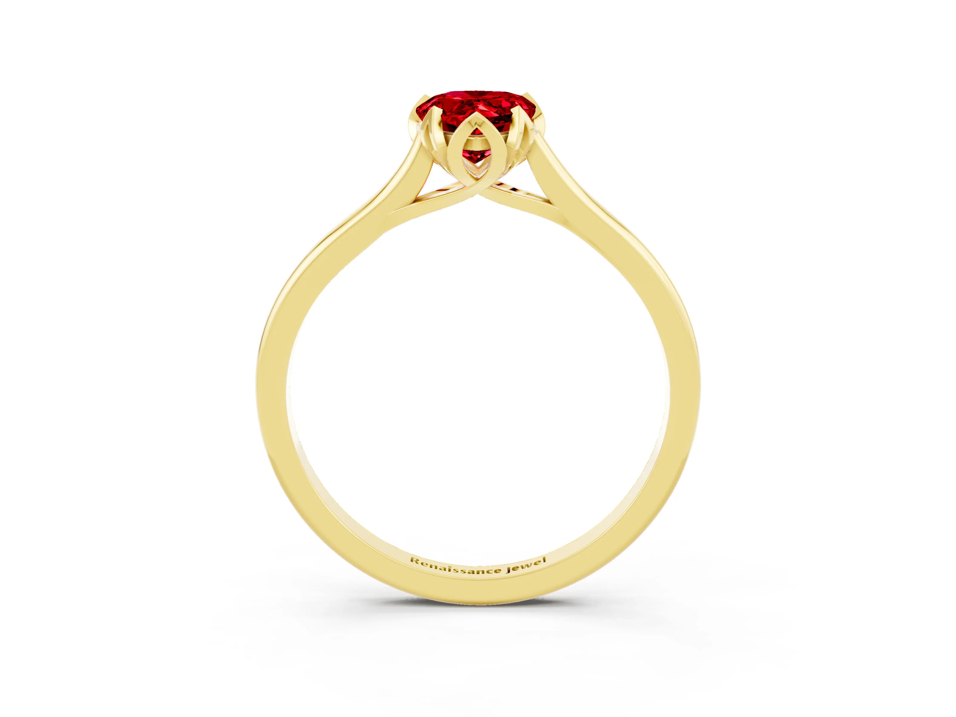 Yellow gold Pear Cut Ruby Solitaire Ring with Flower Prong Setting and Classic Band_15