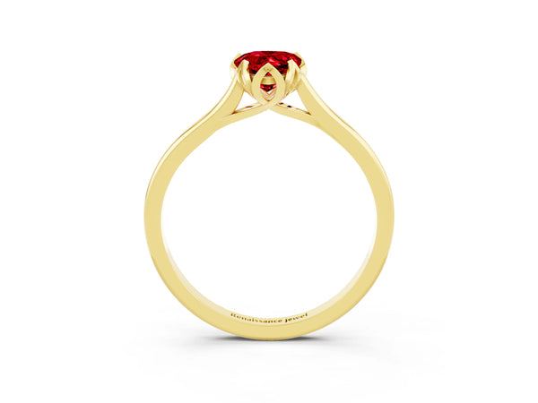Yellow gold Pear Cut Ruby Solitaire Ring with Flower Prong Setting and Classic Band