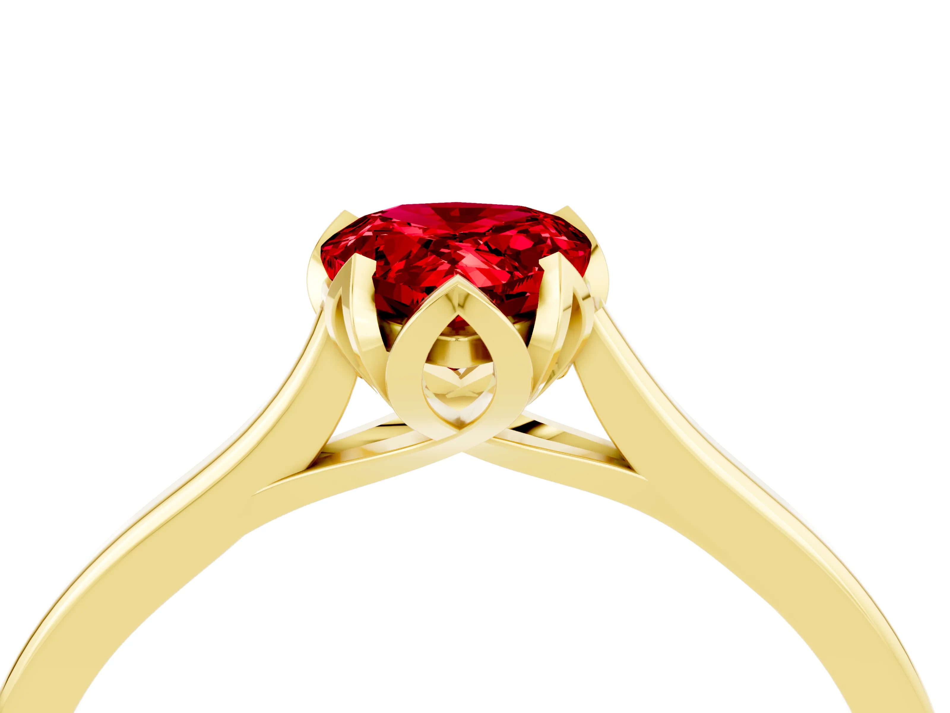 Yellow gold Pear Cut Ruby Solitaire Ring with Flower Prong Setting and Classic Band_16