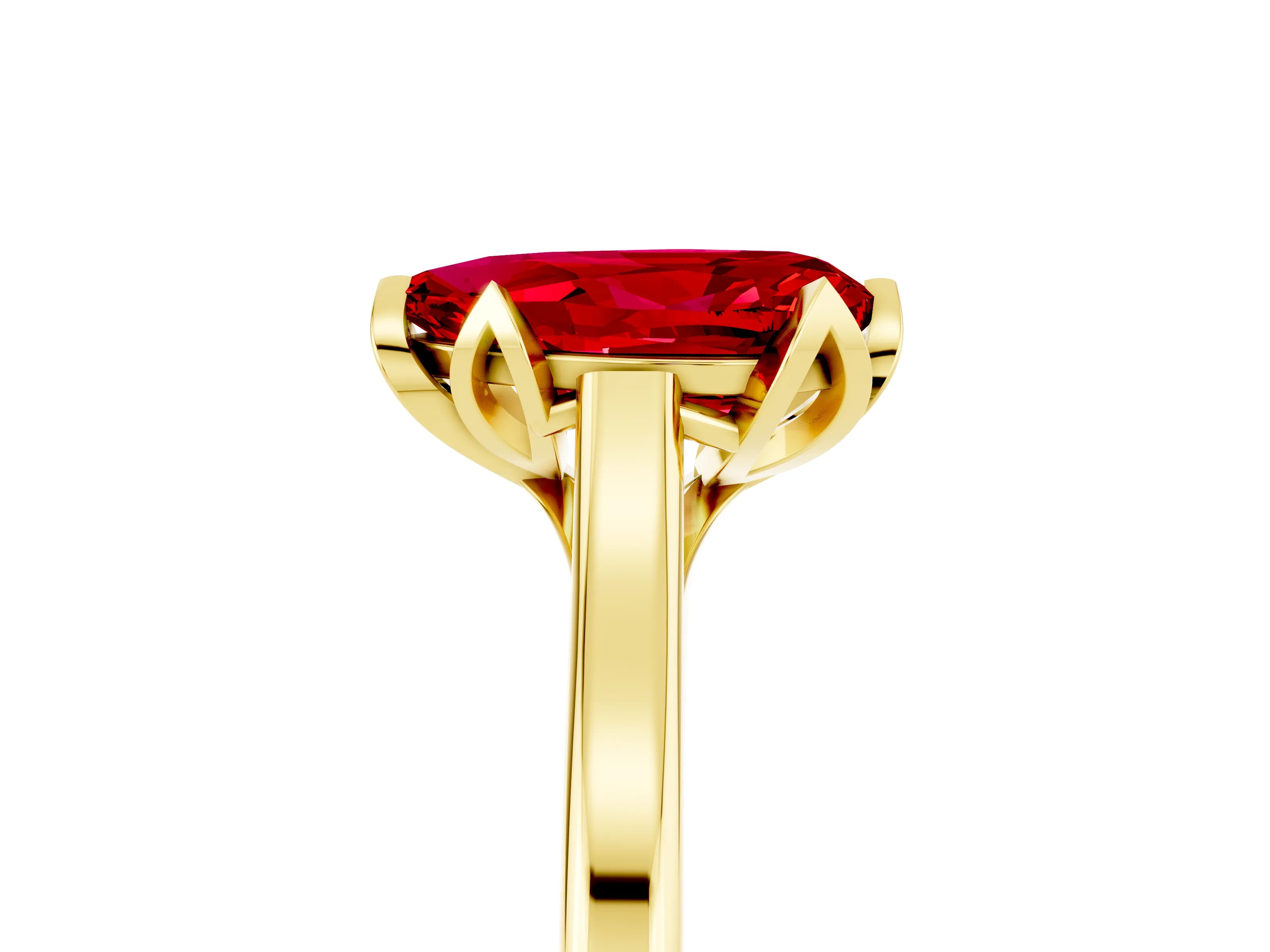 Yellow gold Pear Cut Ruby Solitaire Ring with Flower Prong Setting and Classic Band_17