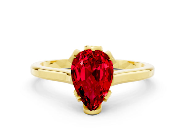 Yellow gold Pear Cut Ruby Solitaire Ring with Flower Prong Setting and Classic Band