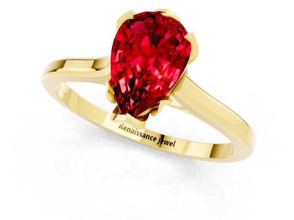 Yellow gold Pear Cut Ruby Solitaire Ring with Flower Prong Setting and Classic Band